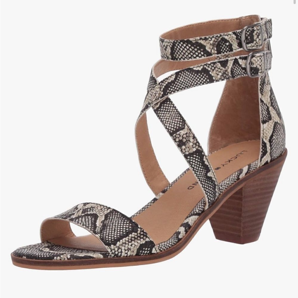 Lucky Brand RESSIA Leather Snake Print Crisscross Strap Open Toe Heeled Sandals